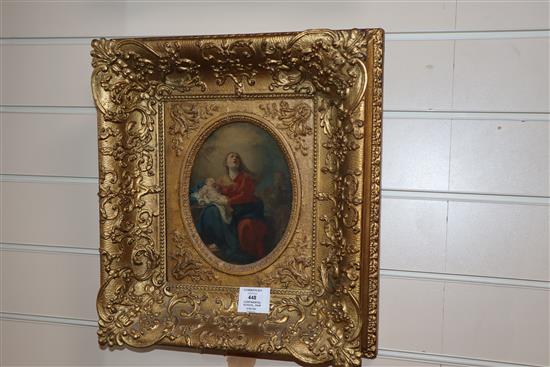Continental School, pair of oils on zinc, Scenes of the Virgin and child, 18 x 13.5cm